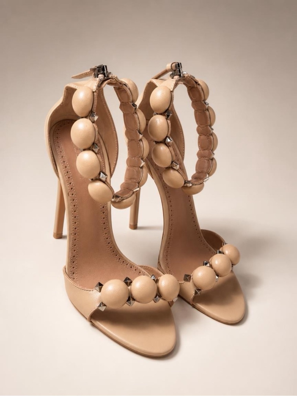 Alaïa Beige Beaded Ankle-Strap Stiletto Sandals